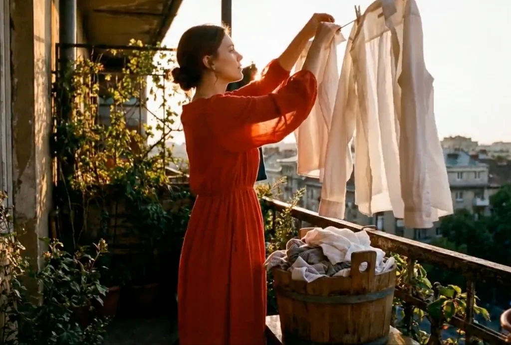 A woman in a red dress hanging white shirts on a sunlit balcony, with a laundry basket and city buildings behind her